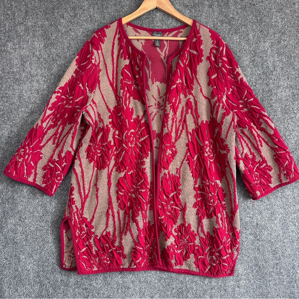 Chico’s kimono duster jacket XL textured burgundy red floral 3/4 sleeves quilted
